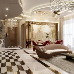 We love playing with curves to create flow and grandeur. This living and dining space features a seamless curved ceiling and a bold, checkered floor inlay, defining the area with a sense of modern luxury.