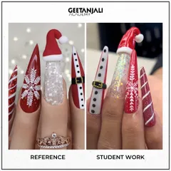Capturing the festive spirit, our student perfectly replicated this intricate Christmas-themed nail art. This demonstrates mastery over 3D elements like the Santa hat, detailed line work for the snowflake, and glitter application.