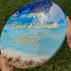 This is the final look of the 3D ocean-themed nameplate I created for a client's new home. The layering of resin creates realistic waves, and the real sand and shells add beautiful texture.