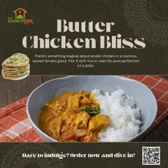 Experience pure butter chicken bliss. Our version features tender chicken in a luscious, spiced tomato gravy, perfect with rice or naan for a truly indulgent meal.