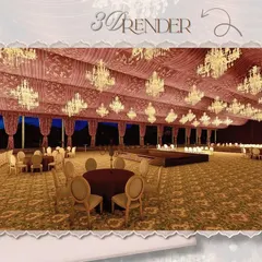 A 3D render of the 200-foot long 'Shamiyana' dining hall. This digital visualization allowed us to perfect the layout, lighting, and fabric draping before beginning the physical construction.