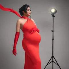 In the spotlight. This shot captures the feeling of being the star of your own story, combining a glamorous red gown with dramatic studio lighting. It's a modern, powerful take on maternity elegance.