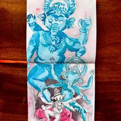 An experimental piece using a monochrome blue palette and collage style to depict different forms of Ganpati. This was a fun way to play with composition and value during a sketch walk.
