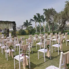 I provide a variety of chair styles for any occasion. These classic white Tiffany chairs, decorated with simple sashes, are arranged for an outdoor ceremony or presentation, offering a clean and elegant look.