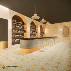 This cafe design was inspired by Scandinavian principles, using a warm tan color palette and natural textures. The standalone bar, with its arched shelving and patterned tile base, serves as the central, eye-catching feature of the space.