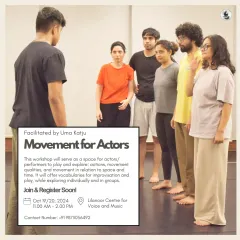 The open, flexible layout is perfect for creative workshop rentals. Here you can see a 'Movement for Actors' session where performers have the freedom to explore and interact without the constraints of a fixed stage.