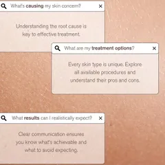 Understanding the 'what', 'how', and 'why' is crucial. During your consultation, we will discuss the cause of your skin concern, explore all available treatment options, and set clear, realistic expectations for the results.