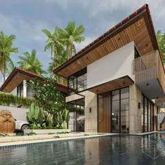 An architectural design for a pair of villas in Guirim, Goa. The concept features a contemporary Balinese design with a 2500 sqft G+1 layout, a private lap pool, and a blend of sleek lines with rustic wood and stone textures.