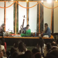 Accompanying the talented Rageshri Das for a performance of thumri and dadra. Playing for these semi-classical forms requires a delicate touch to match the singer's expressive style.