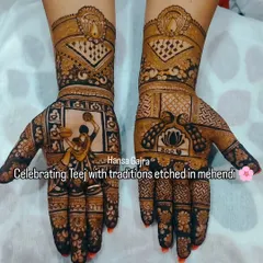 Celebrating the festival of Teej with traditions etched in mehendi. This design features a woman on a swing and delicate lotus motifs, carrying the essence of joy and love.