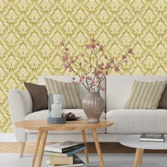 A classic damask pattern in a cheerful yellow-green hue. This timeless design from the Florina collection adds a touch of elegance and brightness to any living space.
