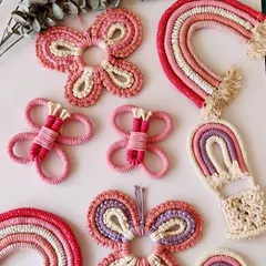 How much pink is too much pink? Here is a collection of my pink-themed macrame creations, including rainbows, butterflies, and a hot air balloon.