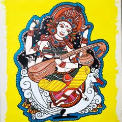 The goddess Saraswati, who represents knowledge and the arts, painted in a vibrant Kerala mural style. She is shown with her veena, seated on her divine swan against a bright yellow background.