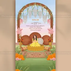 This Haldi invitation features a custom illustration of the bride against a boho-chic macrame backdrop. The design uses warm, sunny colors and floral elements to perfectly capture the joyful vibe of the ceremony.