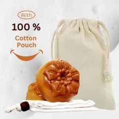 My beautiful, flower-molded Ubtan soap, shown here with its 100% cotton pouch. This makes it easy to store and travel with, and it also makes for a lovely, eco-friendly gift.