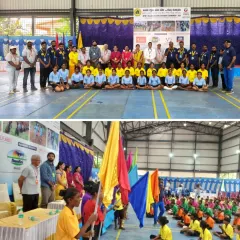 The opening ceremony of the Inter-Village Kho-Kho & Kabaddi Tournament. The colorful flags represent the diversity of the 121 villages that participated, showcasing the wide reach and community spirit of grassroots sports.
