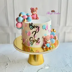 A little mystery wrapped in sugar and love. This 'Boy or Girl?' gender reveal cake is decorated with cute teddy bears and a fun pastel palette knife texture.