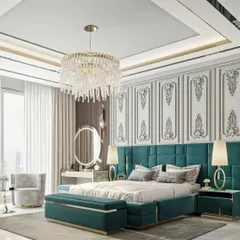 This bedroom design combines classic luxury with bold color. The tufted teal bed frame, ornate wall panels, and crystal chandelier come together to create a glamorous and unforgettable master suite.