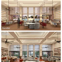 This render-to-reality comparison of the Elevate Clubhouse dining area highlights our commitment to execution. The final space perfectly captures the envisioned balance of warmth and refinement, from the herringbone wood flooring to the custom curvilinear seating and ambient lighting.
