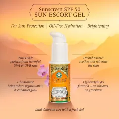 This is my Sun Escort Gel SPF 50, ideal for oil-free hydration and brightening. It uses Zinc Oxide for UVA and UVB protection, Glutathione to reduce pigmentation, and Orchid Extract to soothe the skin, all in a lightweight, non-greasy gel formula.
