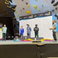The awards ceremony in Bern, with the climbing wall in the background where all the hard work paid off. This is what we train for, moments of pure achievement.