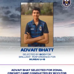 From our academy to the national stage. Advait Bhat was selected for the BCCI Zonal Cricket Camp based on his brilliant performance for the Mumbai U-16 team.