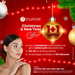Celebrate Christmas and New Year with glowing skin. With my 1+1 offer, you get a free Carbon Peel worth ₹3000 with every HydraFacial. I am also offering a 10% discount on all products and packages.