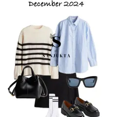 A casual winter lookbook idea featuring layers. A striped sweater over a classic blue button-down shirt, paired with a black skirt and chunky loafers, creates a preppy, stylish, and comfortable outfit for colder days.