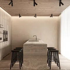 In this modern kitchen, our 'Deep' series downlights are strategically placed on the wooden ceiling to provide focused task lighting over the stone island. The adjustable black fixtures offer precision without glare, complementing the minimalist design while ensuring the workspace is perfectly lit. This demonstrates how functional lighting can also be a key design element.