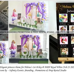 A lovely princess-themed first birthday featuring a purple balloon garland and a custom "Journey so far" milestone board. The large "ONE" table and character cutout create a perfect photo opportunity.