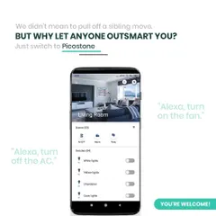 Don't let anyone outsmart you. This graphic shows how the Picostone app, combined with voice commands, puts you in complete control of your fans, ACs, and lights.
