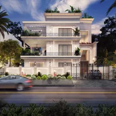 A night-time exterior render that captures the glamour of a multi-story residence. We use strategic exterior and interior lighting to create a warm, inviting glow, highlighting the home's architectural features and lush landscaping after dark.