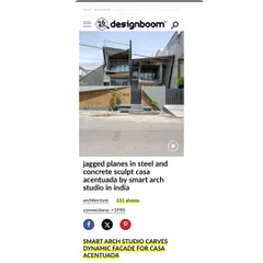 A screenshot from the Designboom feature, highlighting the "jagged planes in steel and concrete" of our Casa Acentuada (Patel's Residence) project.