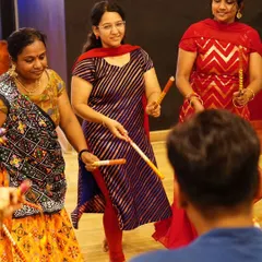 A candid moment from our Garba and Dandiya workshop, with students learning the traditional steps with dandiya sticks.