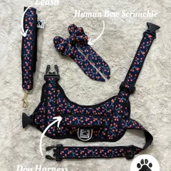 My complete cherry print twinning set. This flat lay shows the adjustable dog harness, a matching sturdy leash, and a cute bow scrunchie for you. It's one of my most popular sets for pet parents who love to coordinate.