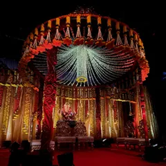 For Ganesh Chaturthi, I designed this magnificent circular mandap. The canopy is made of thousands of hanging jasmine and tuberose strings, creating a divine atmosphere for Bappa.