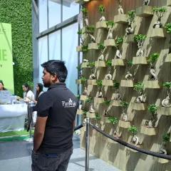A member of the Plantwale team stands proudly before the completed bonsai wall installation. This unique feature wall has become a popular photo spot, showcasing the artistic potential of plantscaping.