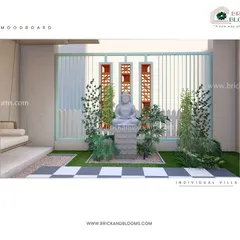 Another concept for the same space, this time using a decorative screen with terracotta jali inserts as a backdrop. The checkered path adds a formal touch to the tranquil setting.