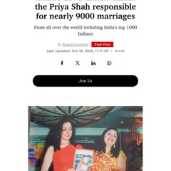 Another feature in Forbes India, this one from 2020, celebrating my work as India's number one matchmaker, responsible for nearly 9,000 marriages at the time.
