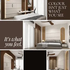 Colour isn't just what you see, it's what you feel. This bedroom collage demonstrates how I use a rich brown color palette combined with white fluted panels and arched details to create a space that feels cozy, warm, and sophisticated.