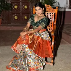 Another beautiful shot of the rental lehenga, showcasing its unique print and vibrant colors.