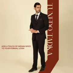 Add a touch of Indian spice to your formal look. Our classic black tuxedo is a statement of timeless style.