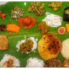 Another example of a grand festive meal. This one includes multiple rice preparations, various palyas, idli, vada, and our special 50-50 holige.