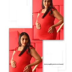 This collage shows two beautiful poses in a fitted red dress against a textured studio backdrop. It highlights how we can capture different angles and expressions during a single session to tell a complete story.