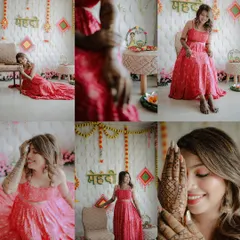A collage showcasing the joy and beauty of the Mehndi ceremony. It includes portraits of the bride, close-ups of her henna, and shots of the festive decor.