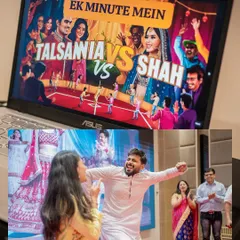 The excitement of a wedding game. This shot captures the groom's joyful reaction during a fun 'Family vs. Family' segment at the reception.