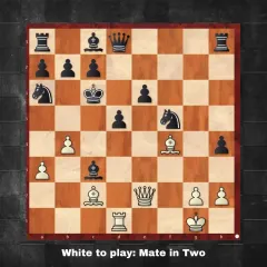 A complex position where White has a forced checkmate in two moves. This puzzle requires careful calculation to find the correct path to victory.