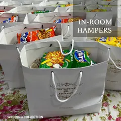 Welcome your wedding guests with personalized in-room hampers. These bags for Tarunan & Ishan's wedding were filled with snacks and essentials to make their stay comfortable.