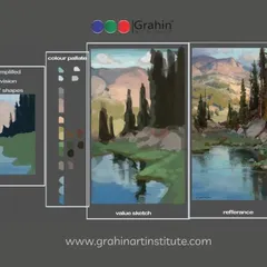 This is how we break down a complex landscape painting. We teach students to simplify shapes, create a value sketch to understand light and dark, and choose a color palette before starting the final reference-based artwork.