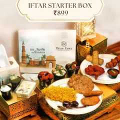 My Iftar Starter Box is a treasure trove of snacks for ₹899. It includes a variety of my best starters like Crispy Thread Chicken, Mutton Cutlets, and Crunchy Kaju Cheese Kababs, along with sauces and a dessert. It's perfect for sharing and sampling a bit of everything.